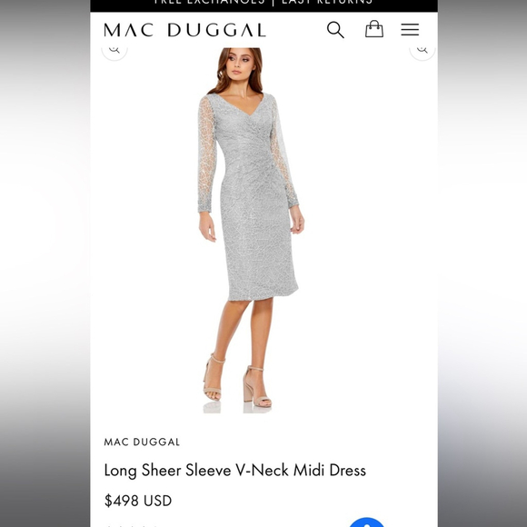 NWT Mac Duggal Platinum Long Sheer Sleeve V-Neck Midi Dress Size 6 Style #12408 - Picture 13 of 14